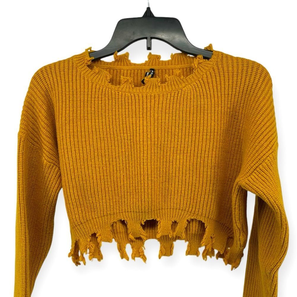 Aria Mustard Yellow Distressed Crew Neck Sweater